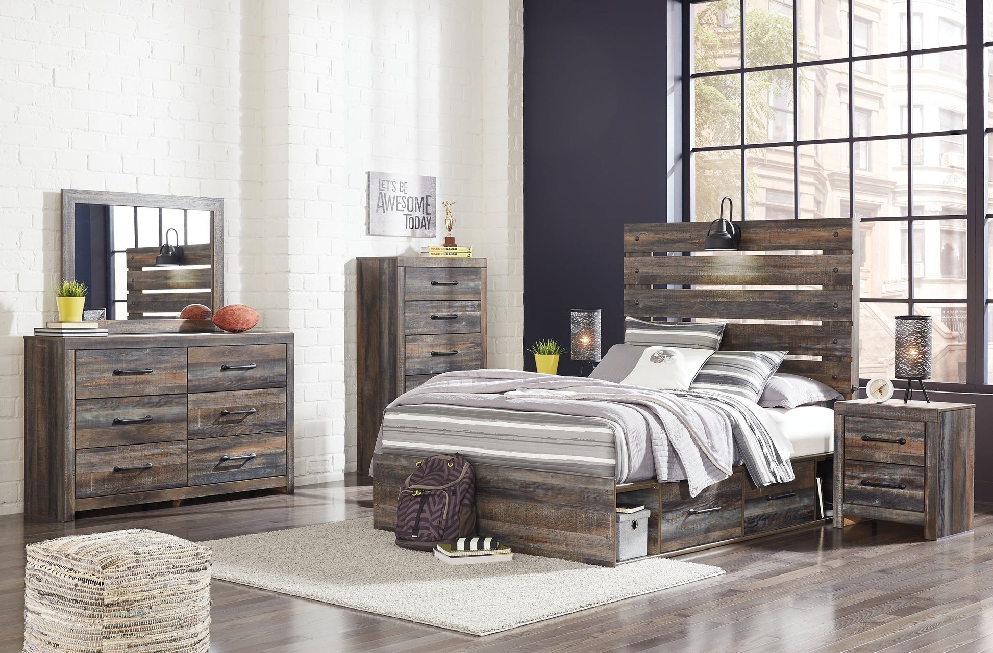 Drystan Full Panel Bed with 4 Storage Drawers with Mirrored Dresser, Chest and 2 Nightstands at Towne & Country Furniture (AL) furniture, home furniture, home decor, sofa, bedding