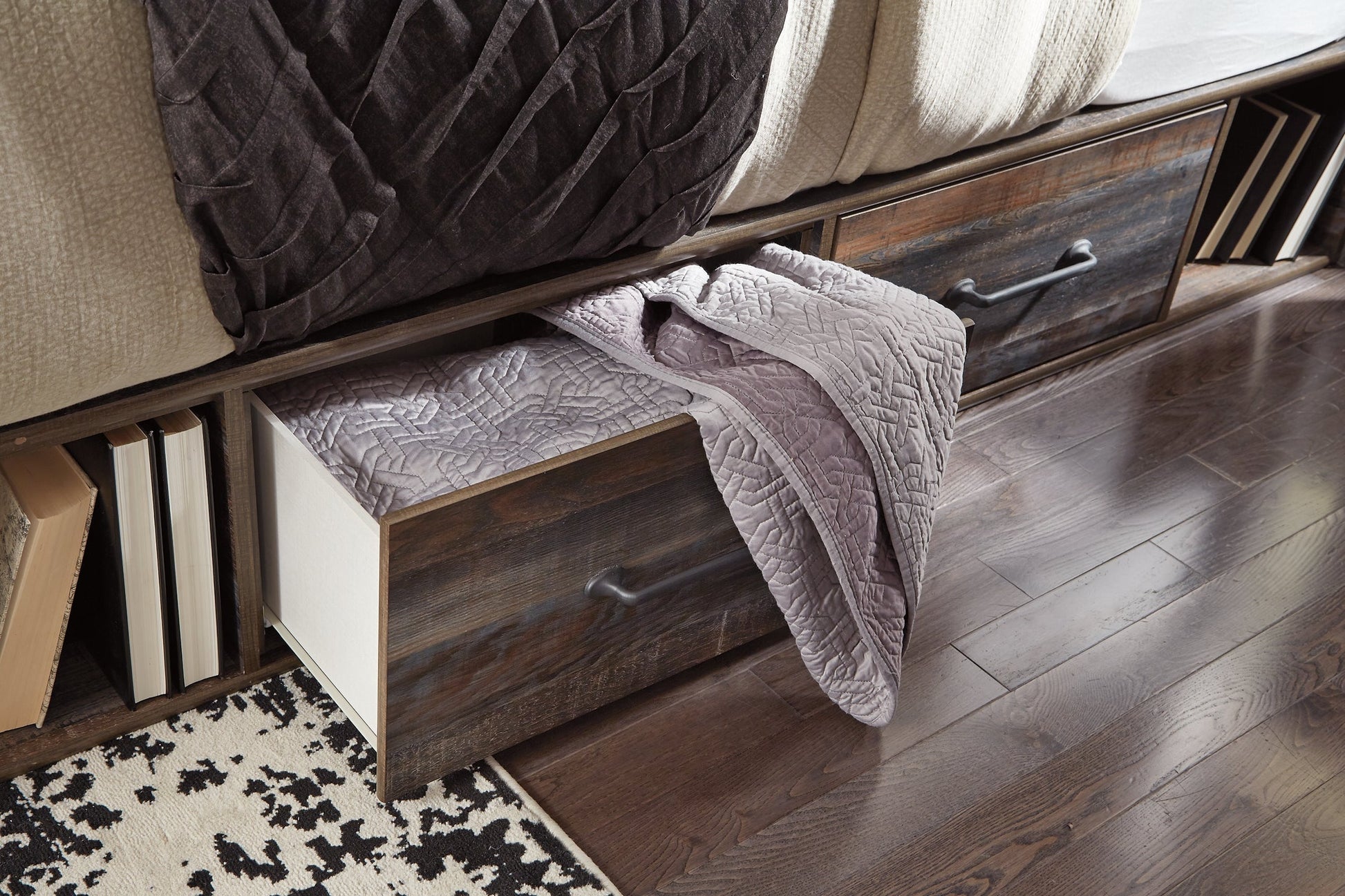 Drystan Full Panel Bed with 4 Storage Drawers with Mirrored Dresser, Chest and Nightstand at Towne & Country Furniture (AL) furniture, home furniture, home decor, sofa, bedding