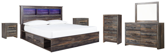Drystan King Bookcase Bed with 2 Storage Drawers with Mirrored Dresser, Chest and 2 Nightstands at Towne & Country Furniture (AL) furniture, home furniture, home decor, sofa, bedding