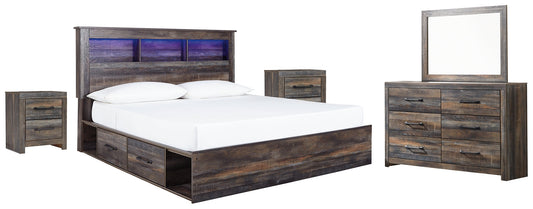 Drystan King Bookcase Bed with 2 Storage Drawers with Mirrored Dresser and 2 Nightstands at Towne & Country Furniture (AL) furniture, home furniture, home decor, sofa, bedding
