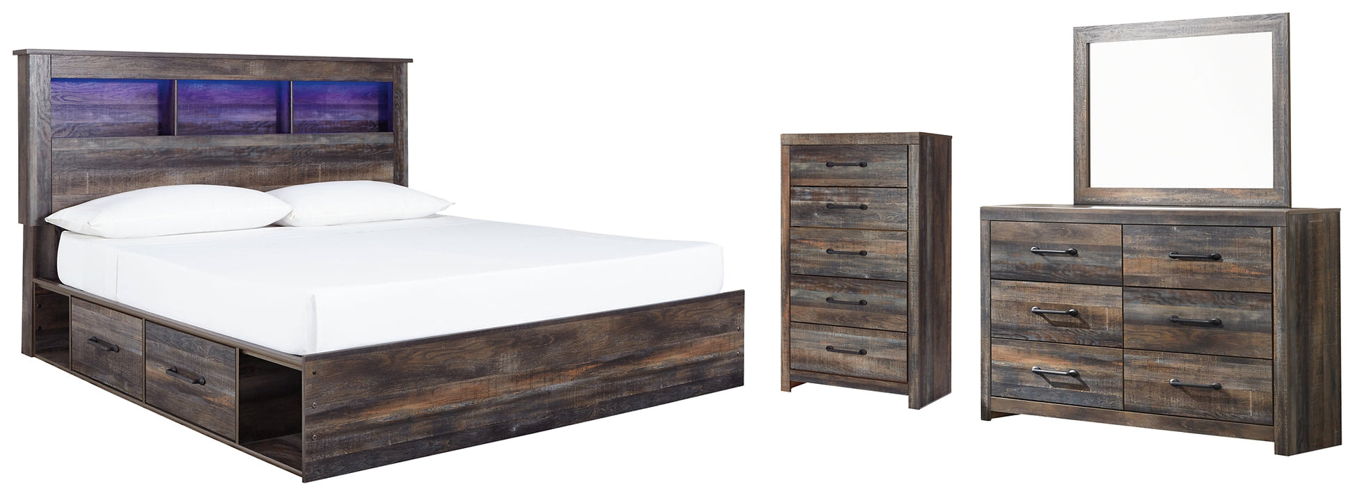 Drystan King Bookcase Bed with 2 Storage Drawers with Mirrored Dresser and Chest at Towne & Country Furniture (AL) furniture, home furniture, home decor, sofa, bedding