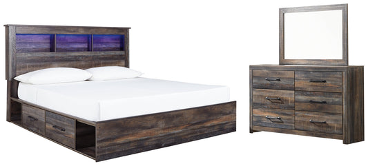 Drystan King Bookcase Bed with 2 Storage Drawers with Mirrored Dresser at Towne & Country Furniture (AL) furniture, home furniture, home decor, sofa, bedding