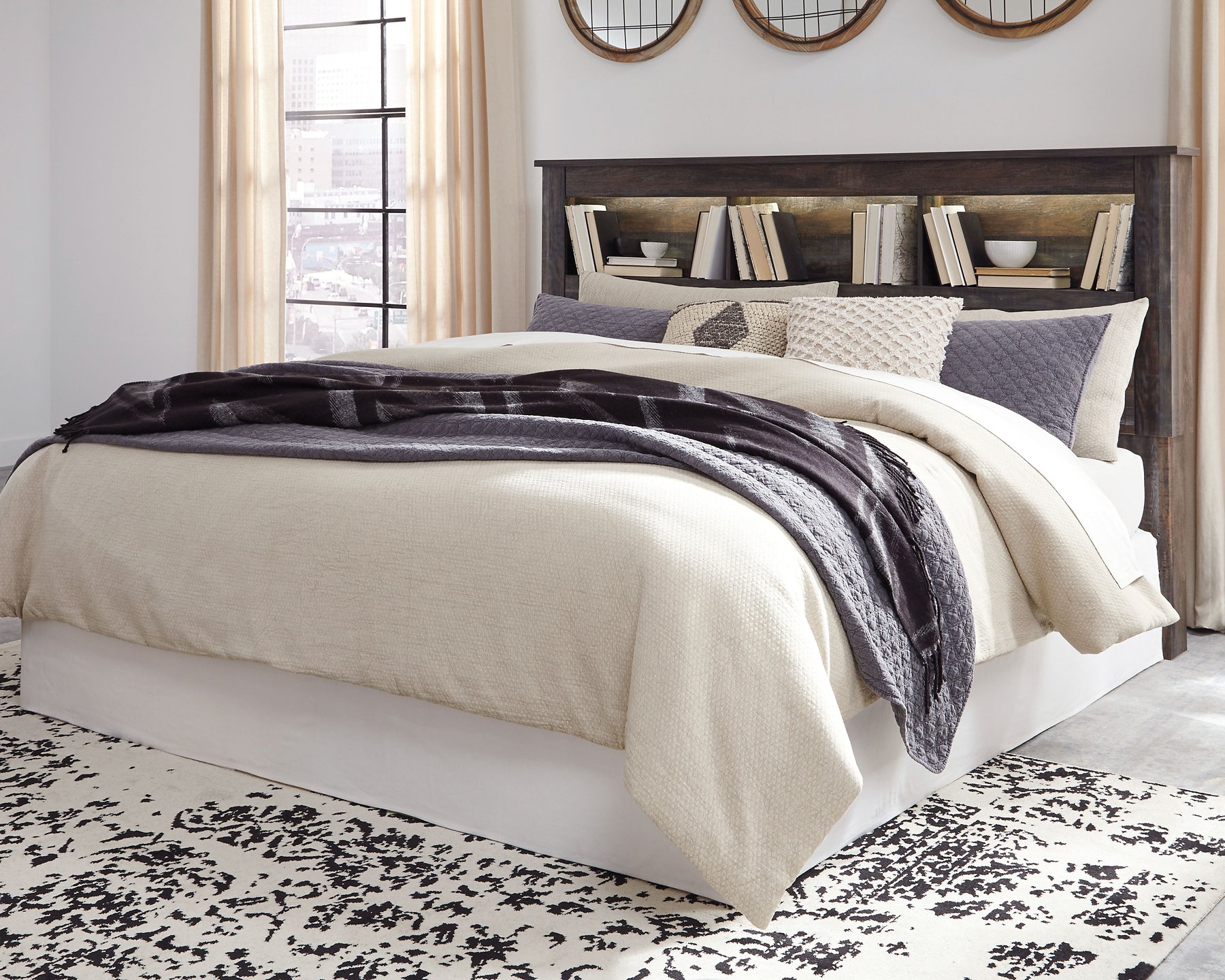 Drystan King/California King Bookcase Headboard with Mirrored Dresser, Chest and Nightstand at Towne & Country Furniture (AL) furniture, home furniture, home decor, sofa, bedding
