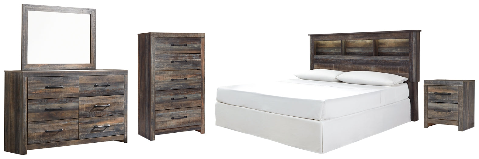 Drystan King/California King Bookcase Headboard with Mirrored Dresser, Chest and Nightstand at Towne & Country Furniture (AL) furniture, home furniture, home decor, sofa, bedding