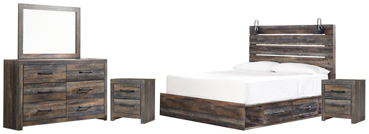 Drystan King Panel Bed with 2 Storage Drawers with Mirrored Dresser and 2 Nightstands at Towne & Country Furniture (AL) furniture, home furniture, home decor, sofa, bedding