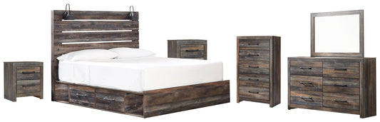 Drystan King Panel Bed with 4 Storage Drawers with Mirrored Dresser, Chest and 2 Nightstands at Towne & Country Furniture (AL) furniture, home furniture, home decor, sofa, bedding