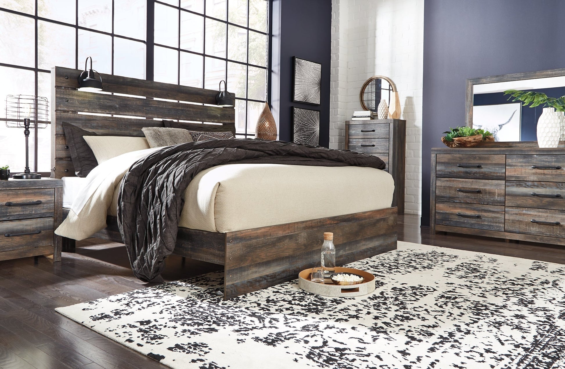 Drystan King Panel Bed with Mirrored Dresser, Chest and Nightstand at Towne & Country Furniture (AL) furniture, home furniture, home decor, sofa, bedding