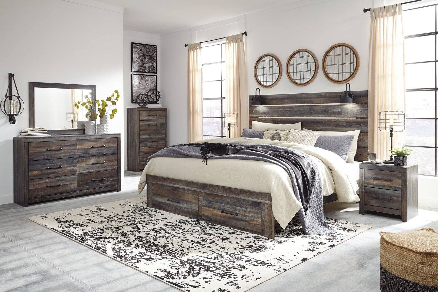Drystan King Panel Bed with Storage with Mirrored Dresser, Chest and 2 Nightstands at Towne & Country Furniture (AL) furniture, home furniture, home decor, sofa, bedding