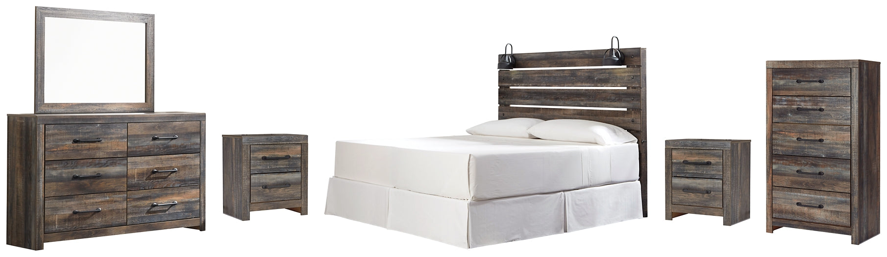 Drystan King Panel Headboard with Mirrored Dresser, Chest and 2 Nightstands at Towne & Country Furniture (AL) furniture, home furniture, home decor, sofa, bedding