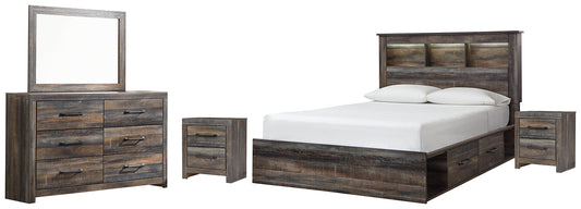 Drystan Queen Bookcase Bed with 4 Storage Drawers with Mirrored Dresser and 2 Nightstands at Towne & Country Furniture (AL) furniture, home furniture, home decor, sofa, bedding