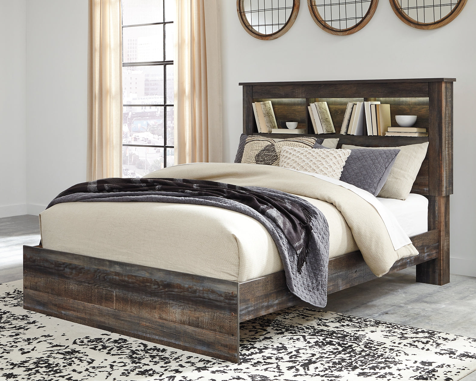 Drystan Queen Bookcase Bed with Mirrored Dresser and 2 Nightstands at Towne & Country Furniture (AL) furniture, home furniture, home decor, sofa, bedding