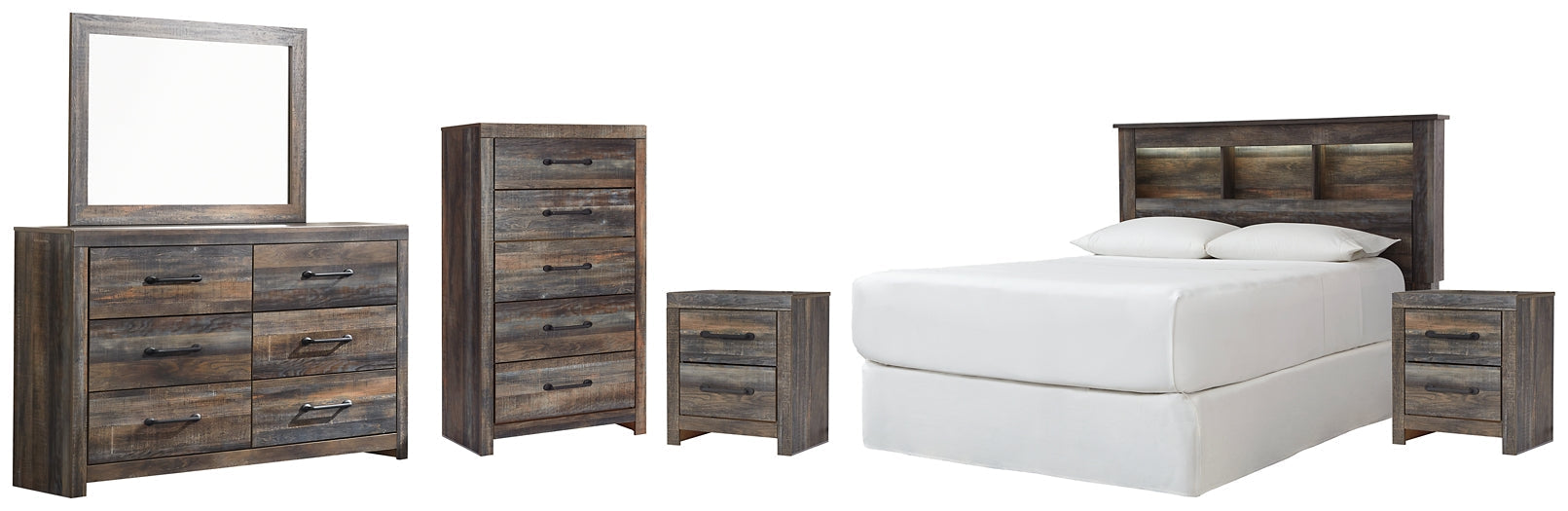 Drystan Queen/Full Bookcase Headboard with Mirrored Dresser, Chest and 2 Nightstands at Towne & Country Furniture (AL) furniture, home furniture, home decor, sofa, bedding