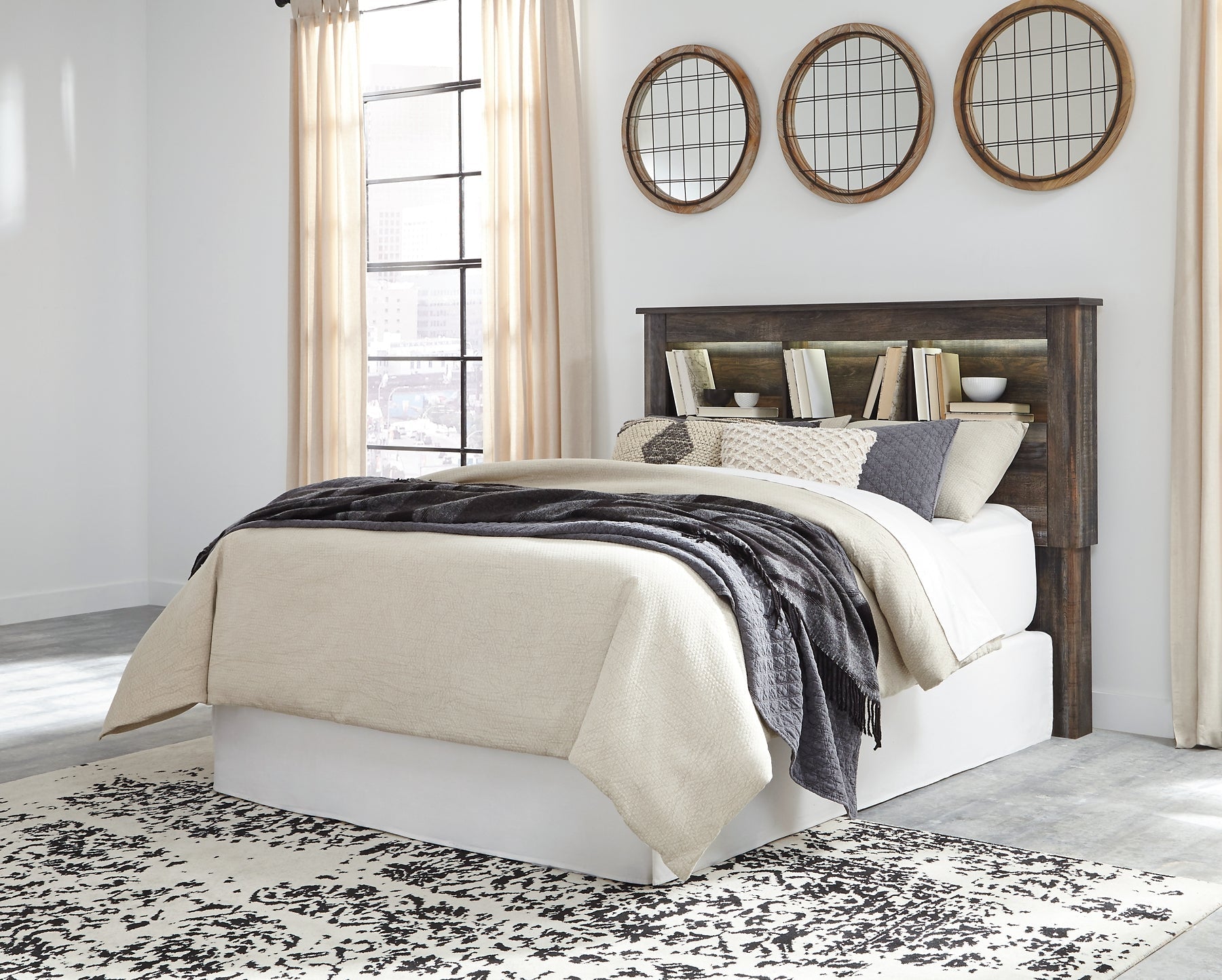 Drystan Queen/Full Bookcase Headboard with Mirrored Dresser and 2 Nightstands at Towne & Country Furniture (AL) furniture, home furniture, home decor, sofa, bedding