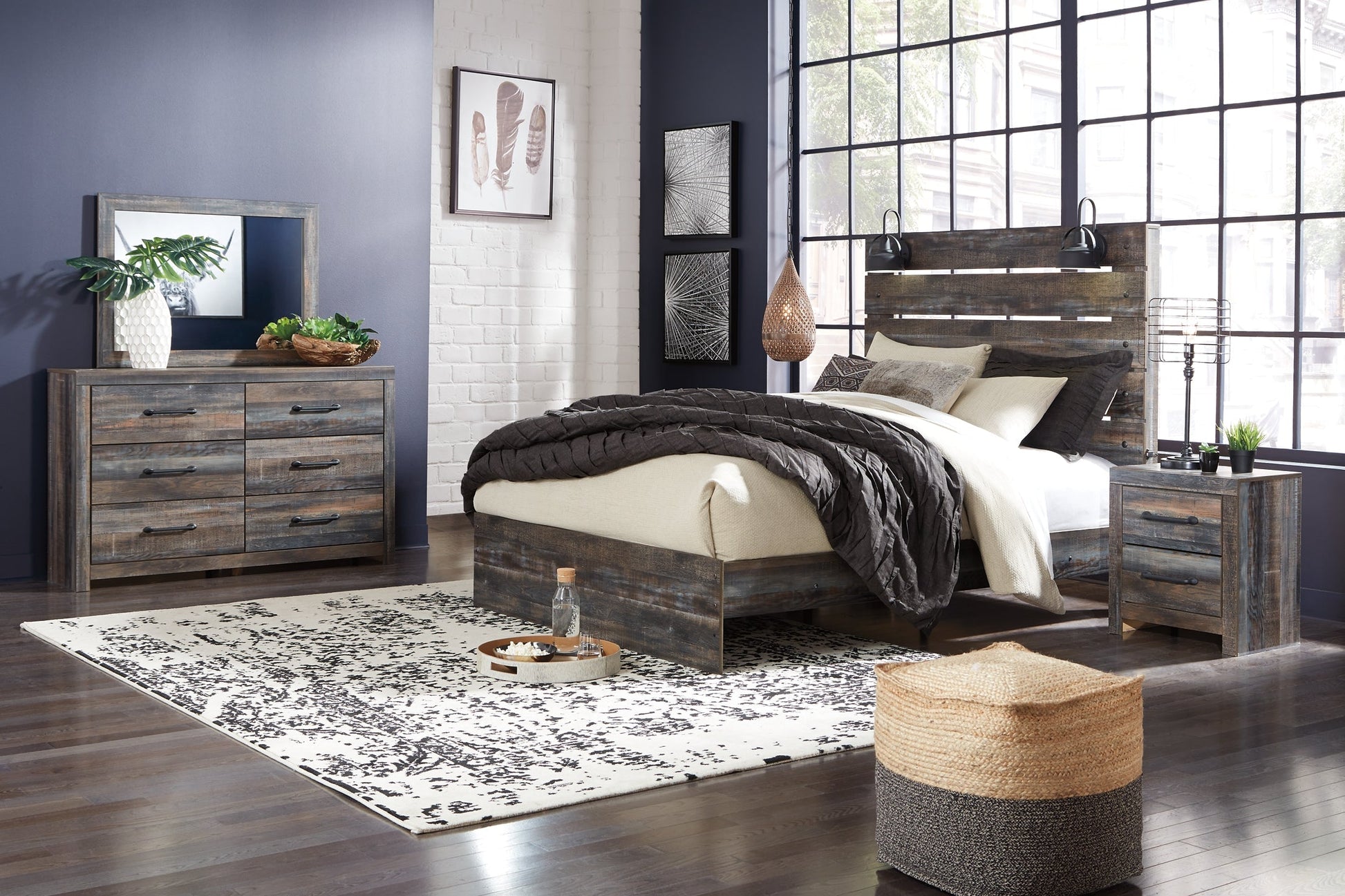 Drystan Queen Panel Bed with 2 Storage Drawers with Mirrored Dresser, Chest and 2 Nightstands at Towne & Country Furniture (AL) furniture, home furniture, home decor, sofa, bedding