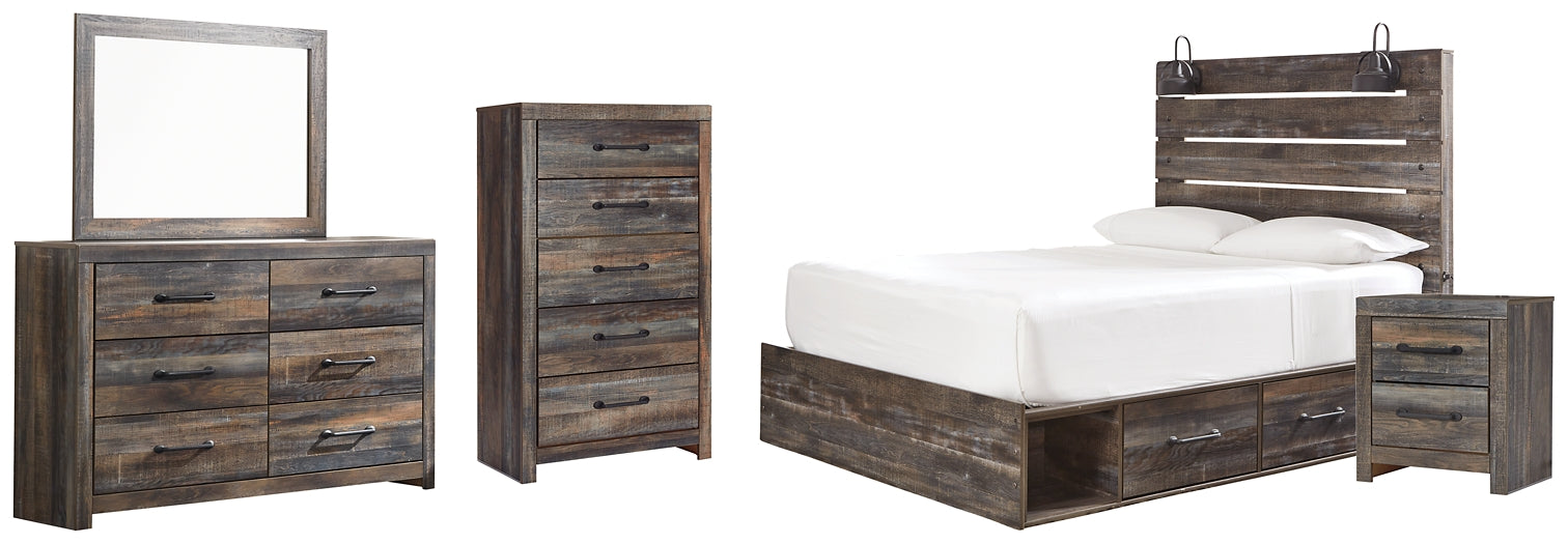 Drystan Queen Panel Bed with 2 Storage Drawers with Mirrored Dresser, Chest and Nightstand at Towne & Country Furniture (AL) furniture, home furniture, home decor, sofa, bedding