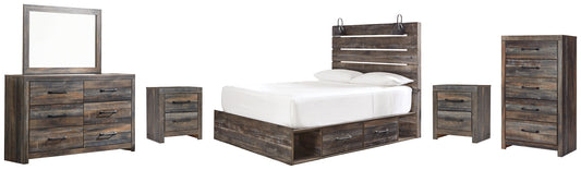 Drystan Queen Panel Bed with 4 Storage Drawers with Mirrored Dresser, Chest and 2 Nightstands at Towne & Country Furniture (AL) furniture, home furniture, home decor, sofa, bedding