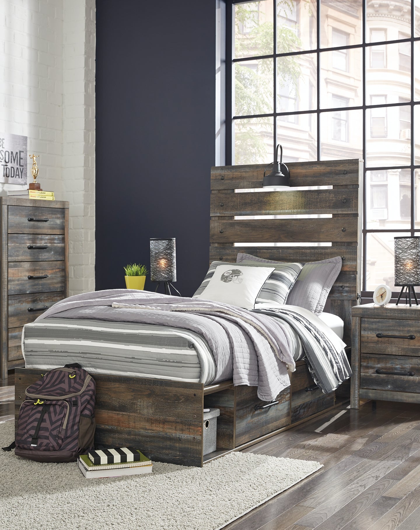 Drystan Twin Panel Bed with 4 Storage Drawers with Mirrored Dresser, Chest and Nightstand at Towne & Country Furniture (AL) furniture, home furniture, home decor, sofa, bedding
