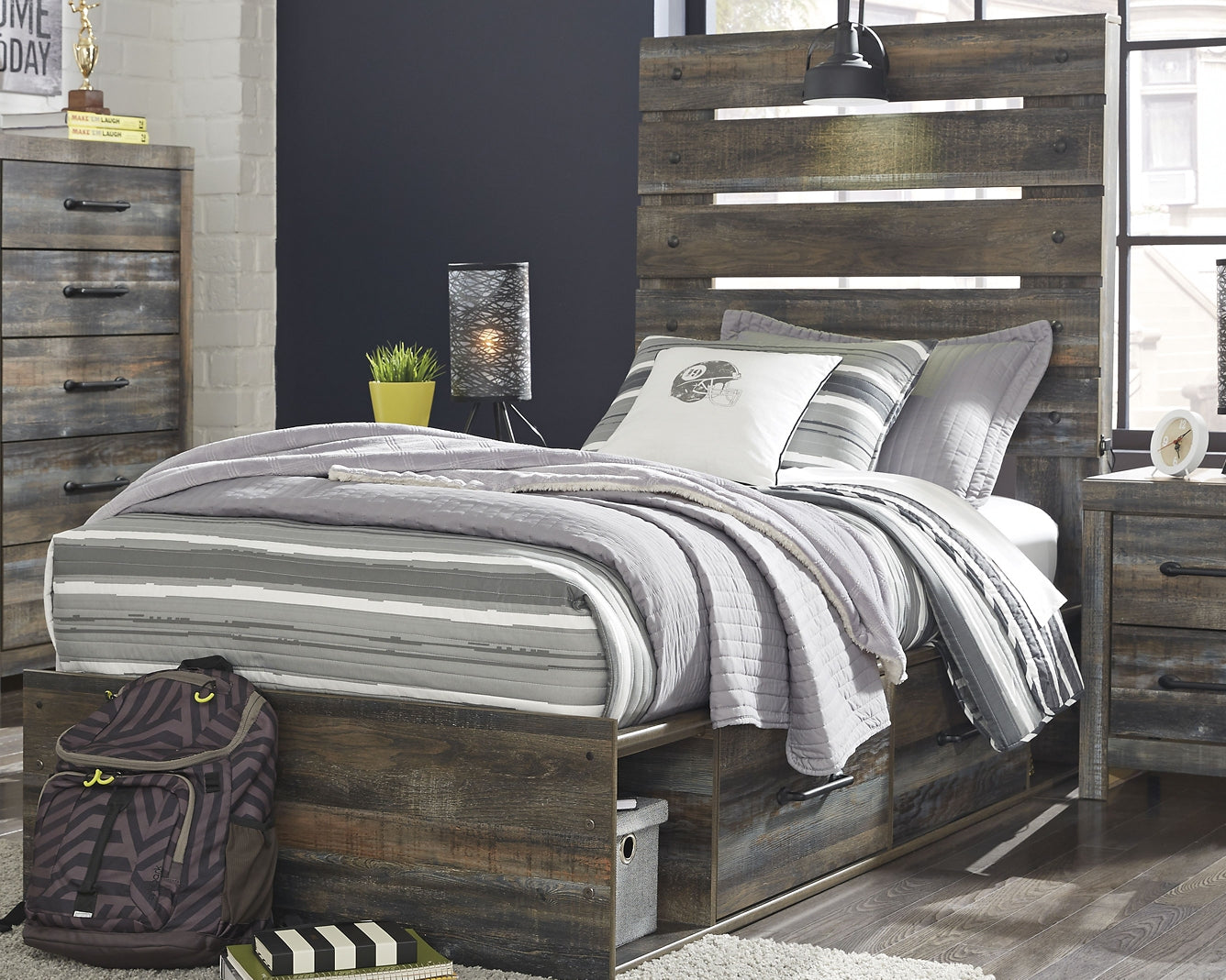 Drystan Twin Panel Bed with 4 Storage Drawers with Mirrored Dresser and 2 Nightstands at Towne & Country Furniture (AL) furniture, home furniture, home decor, sofa, bedding