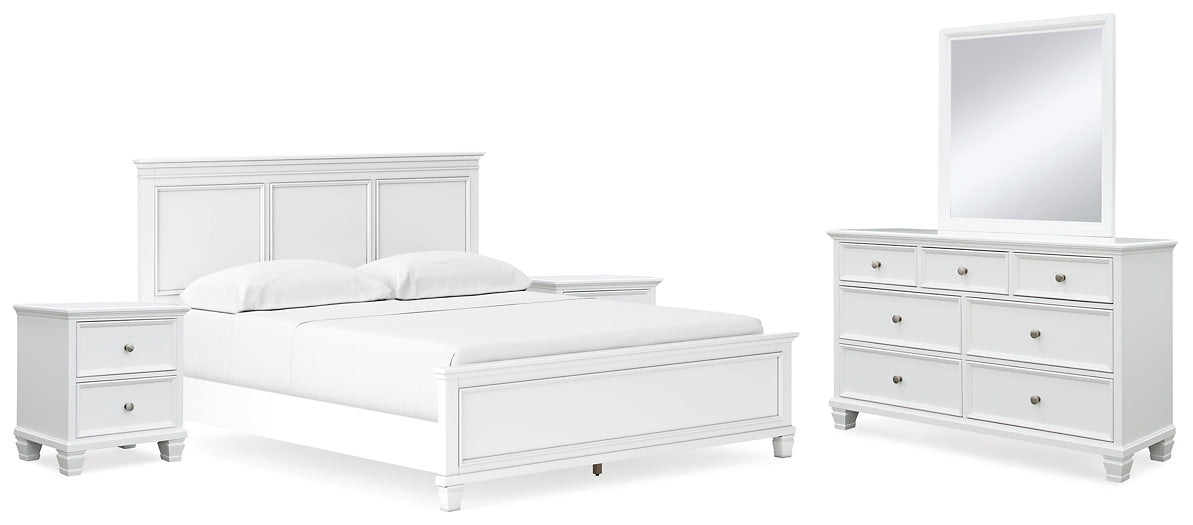 Fortman California King Panel Bed with Mirrored Dresser and 2 Nightstands at Towne & Country Furniture (AL) furniture, home furniture, home decor, sofa, bedding