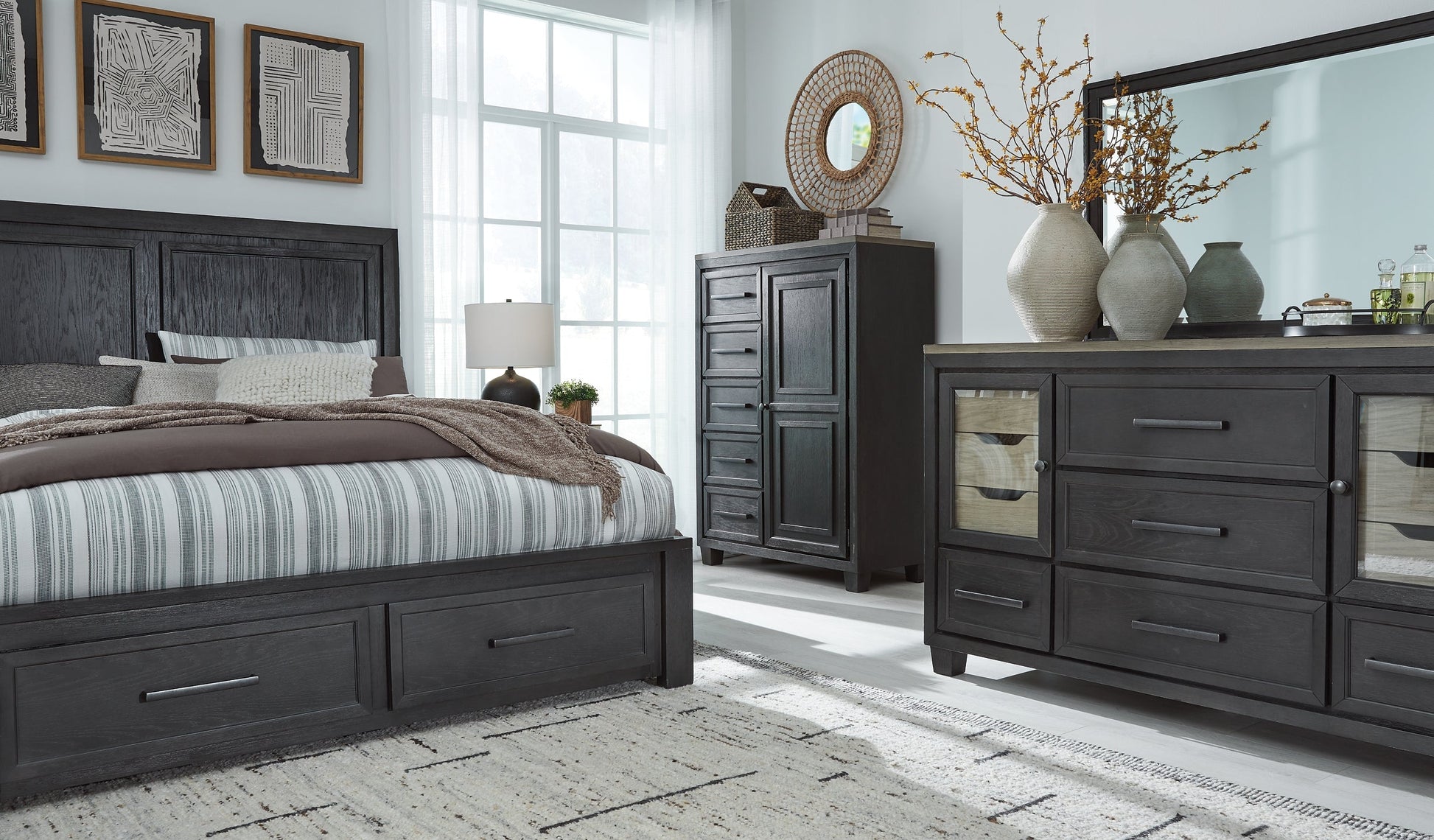 Foyland California King Panel Storage Bed with Mirrored Dresser and Chest at Towne & Country Furniture (AL) furniture, home furniture, home decor, sofa, bedding