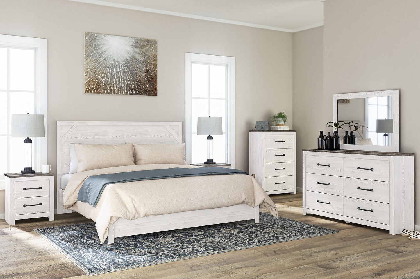 Gerridan King Panel Bed with Mirrored Dresser, Chest and 2 Nightstands at Towne & Country Furniture (AL) furniture, home furniture, home decor, sofa, bedding