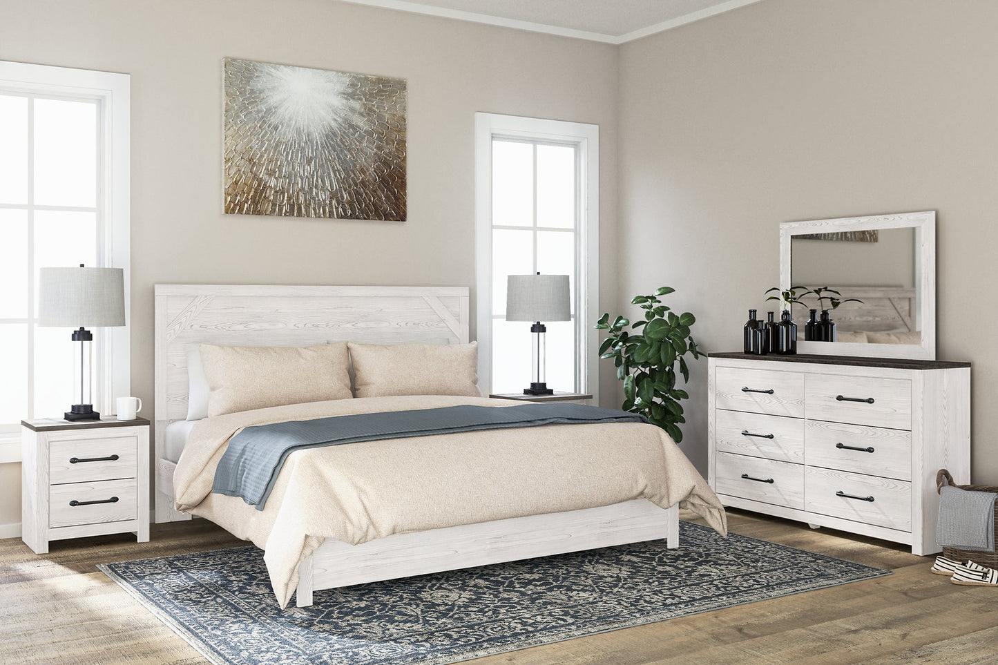 Gerridan King Panel Bed with Mirrored Dresser and 2 Nightstands at Towne & Country Furniture (AL) furniture, home furniture, home decor, sofa, bedding