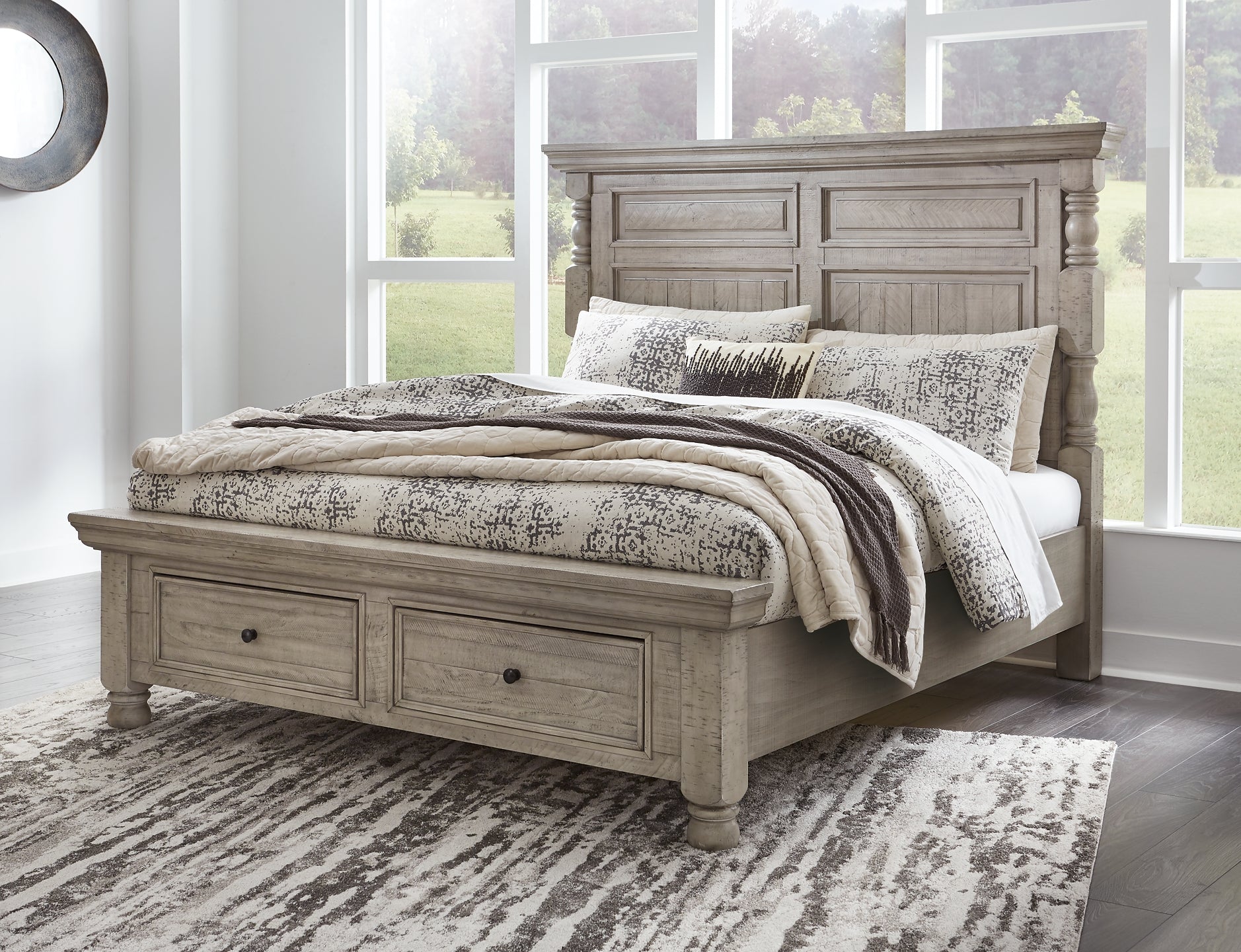 Harrastone King Panel Bed with Mirrored Dresser, Chest and 2 Nightstands at Towne & Country Furniture (AL) furniture, home furniture, home decor, sofa, bedding