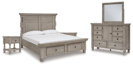 Harrastone King Panel Bed with Mirrored Dresser and 2 Nightstands at Towne & Country Furniture (AL) furniture, home furniture, home decor, sofa, bedding