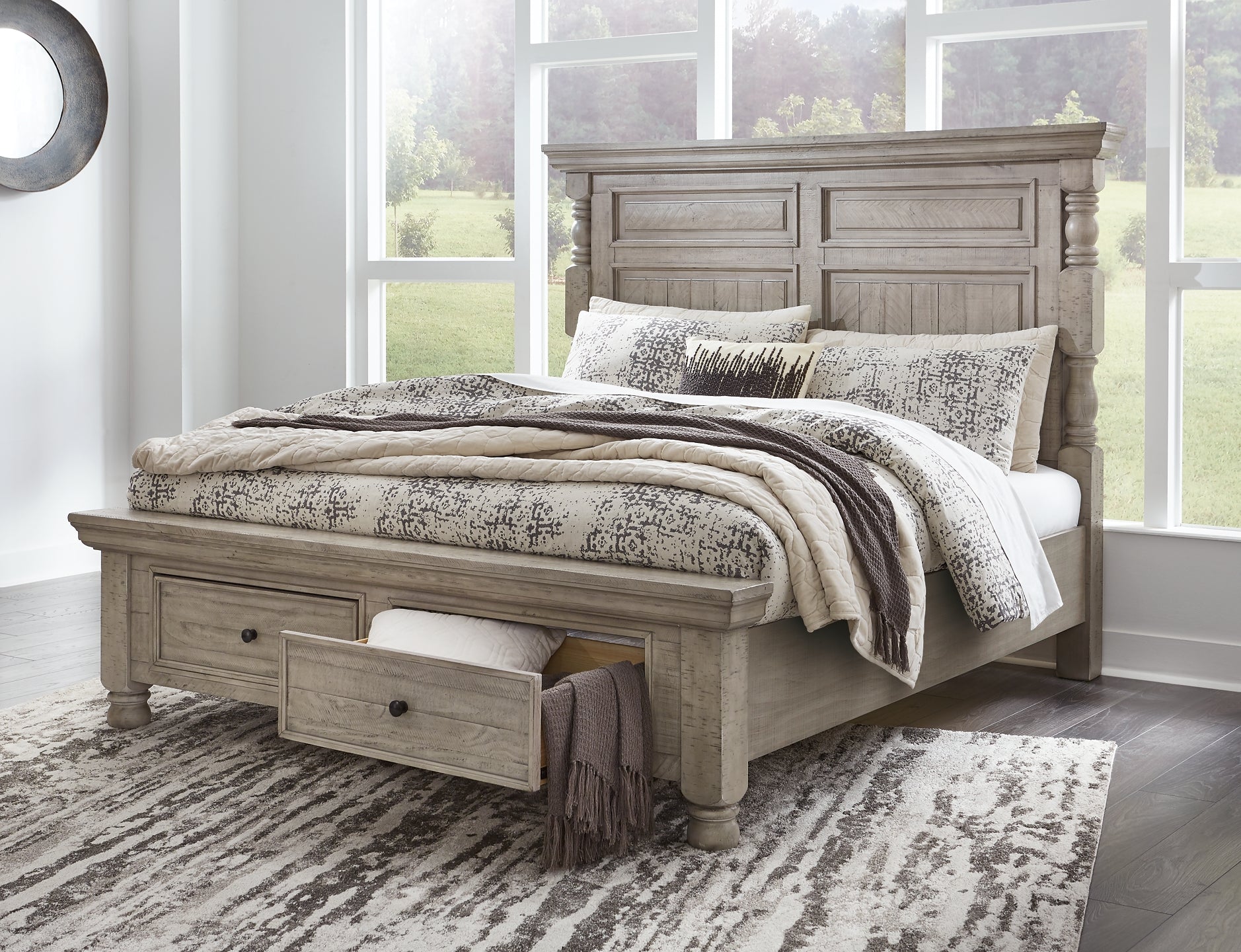 Harrastone Queen Panel Bed with Mirrored Dresser at Towne & Country Furniture (AL) furniture, home furniture, home decor, sofa, bedding