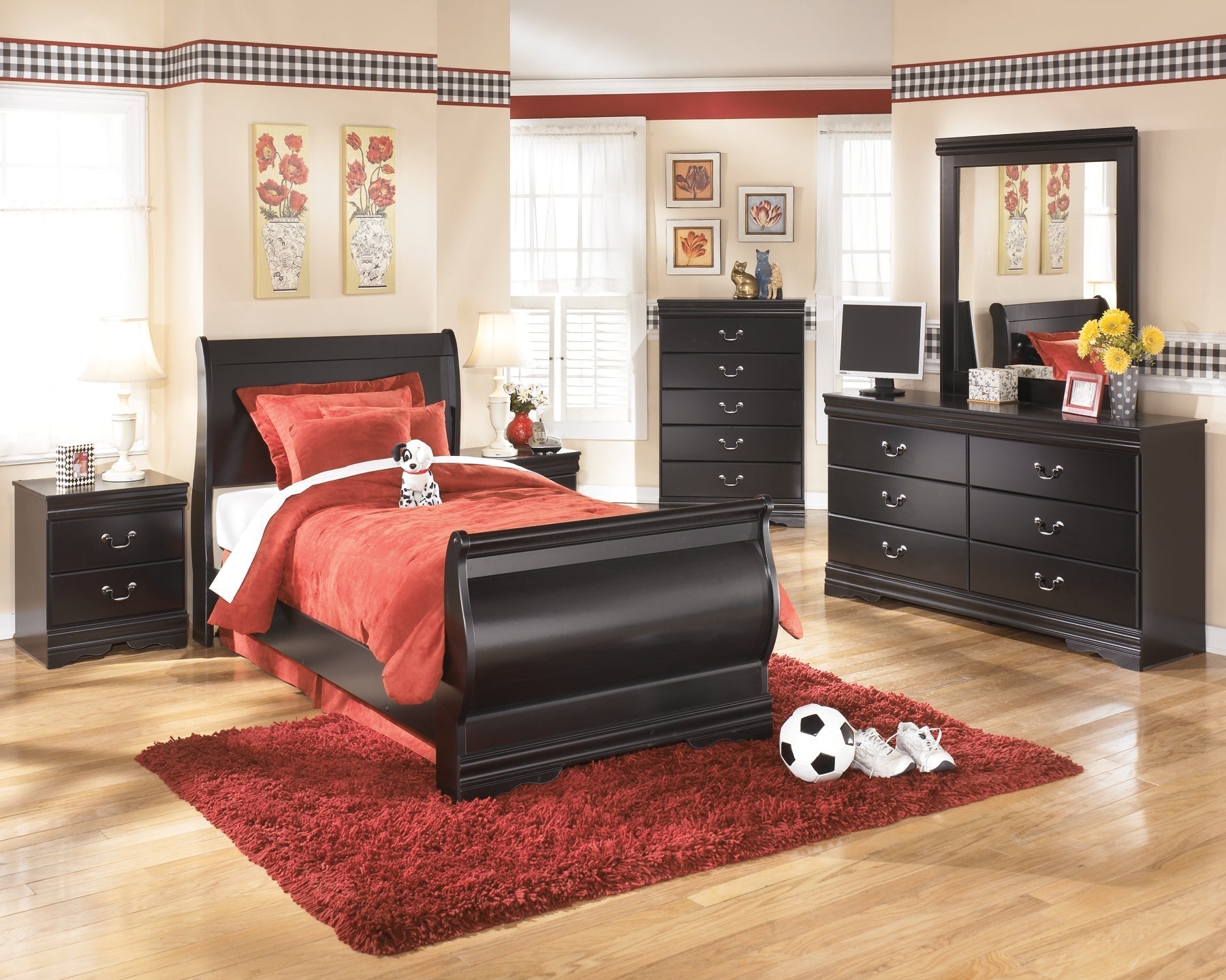 Huey Vineyard Twin Sleigh Bed with Mirrored Dresser, Chest and 2 Nightstands at Towne & Country Furniture (AL) furniture, home furniture, home decor, sofa, bedding