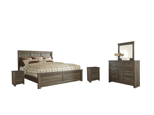 Juararo California King Panel Bed with Mirrored Dresser and 2 Nightstands at Towne & Country Furniture (AL) furniture, home furniture, home decor, sofa, bedding