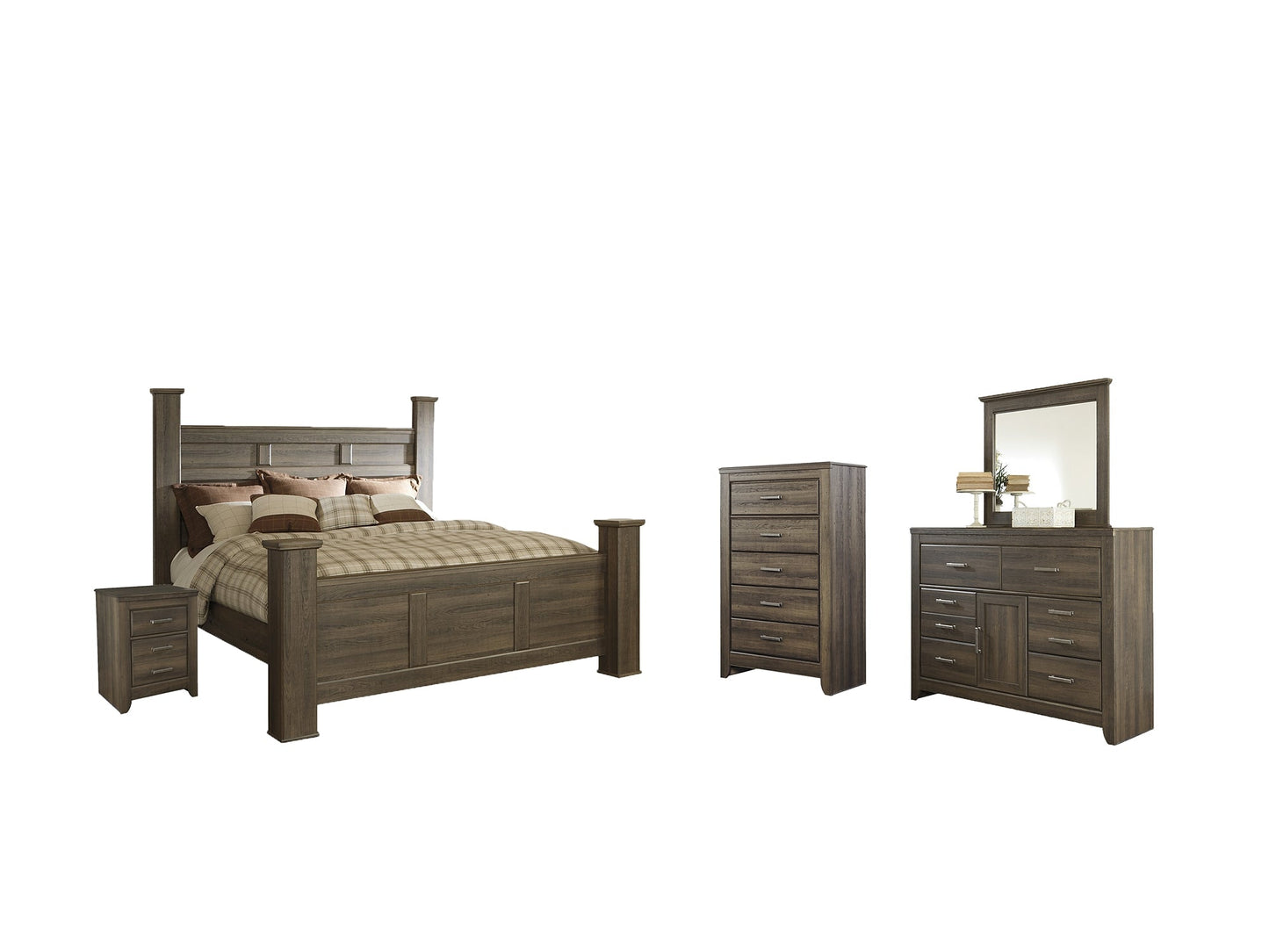 Juararo California King Poster Bed with Mirrored Dresser, Chest and Nightstand at Towne & Country Furniture (AL) furniture, home furniture, home decor, sofa, bedding