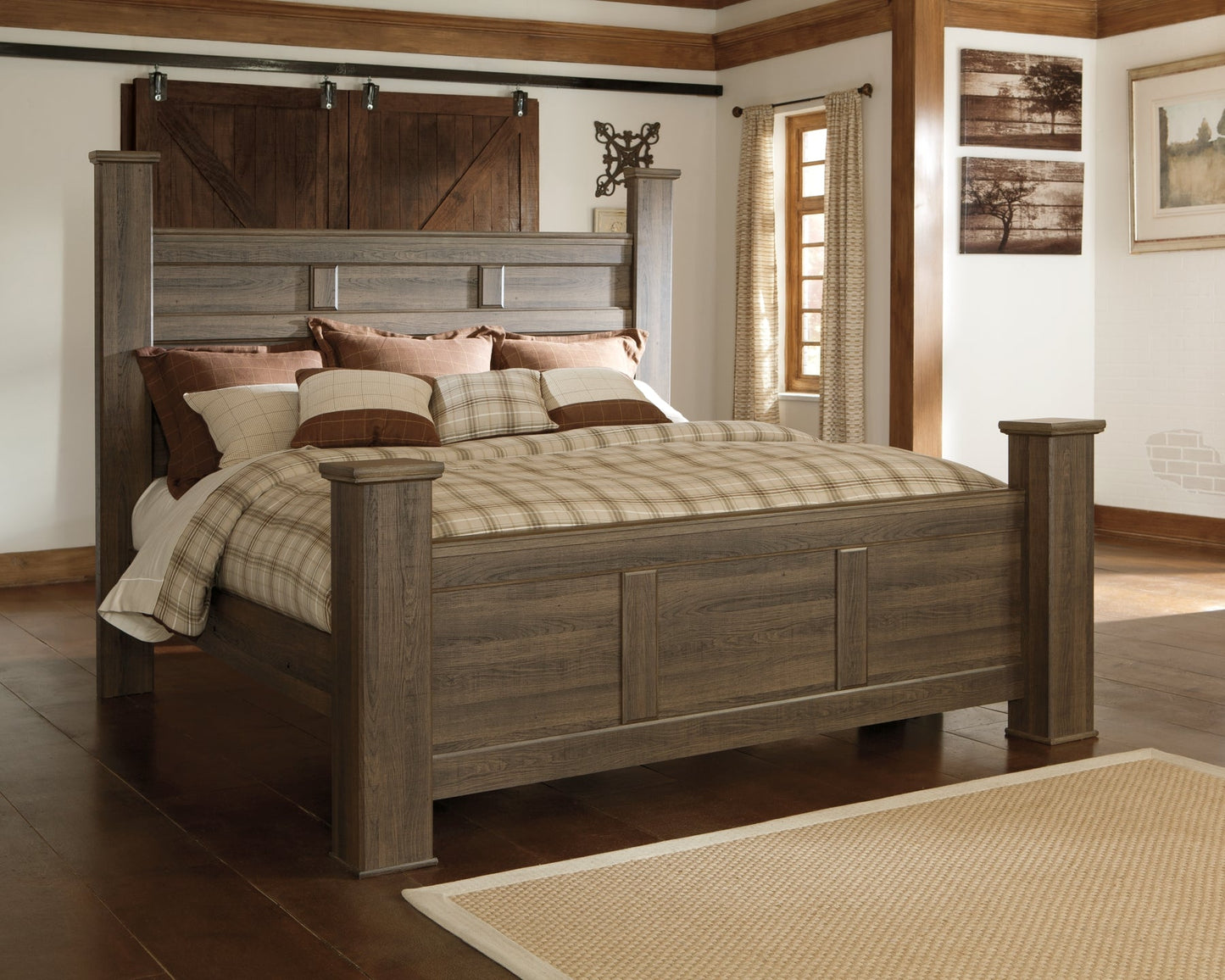 Juararo California King Poster Bed with Mirrored Dresser and 2 Nightstands at Towne & Country Furniture (AL) furniture, home furniture, home decor, sofa, bedding