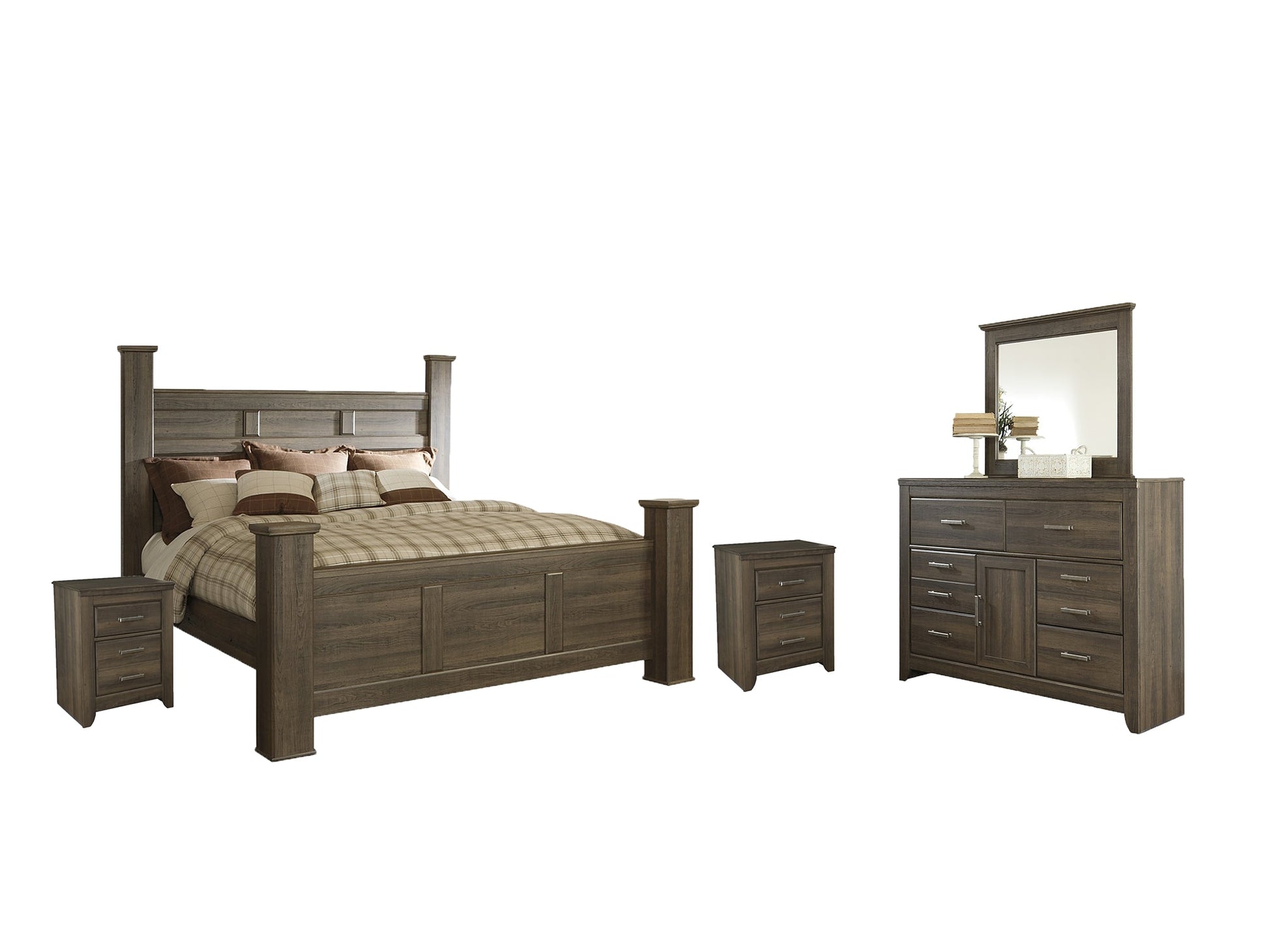 Juararo California King Poster Bed with Mirrored Dresser and 2 Nightstands at Towne & Country Furniture (AL) furniture, home furniture, home decor, sofa, bedding