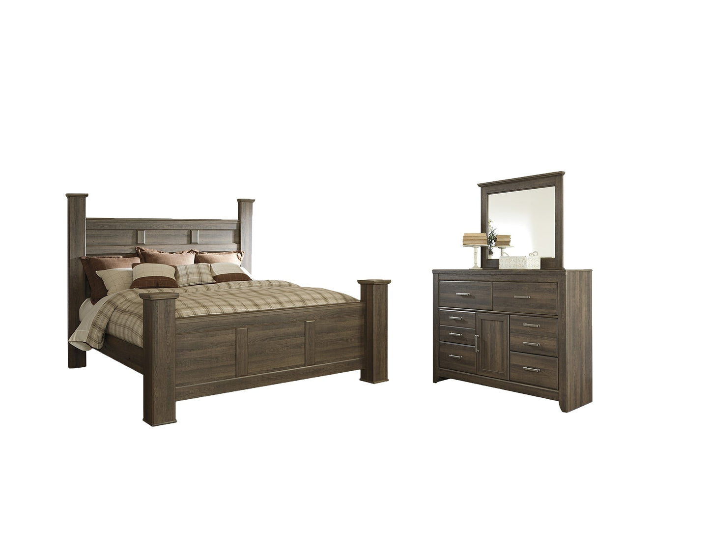 Juararo California King Poster Bed with Mirrored Dresser at Towne & Country Furniture (AL) furniture, home furniture, home decor, sofa, bedding