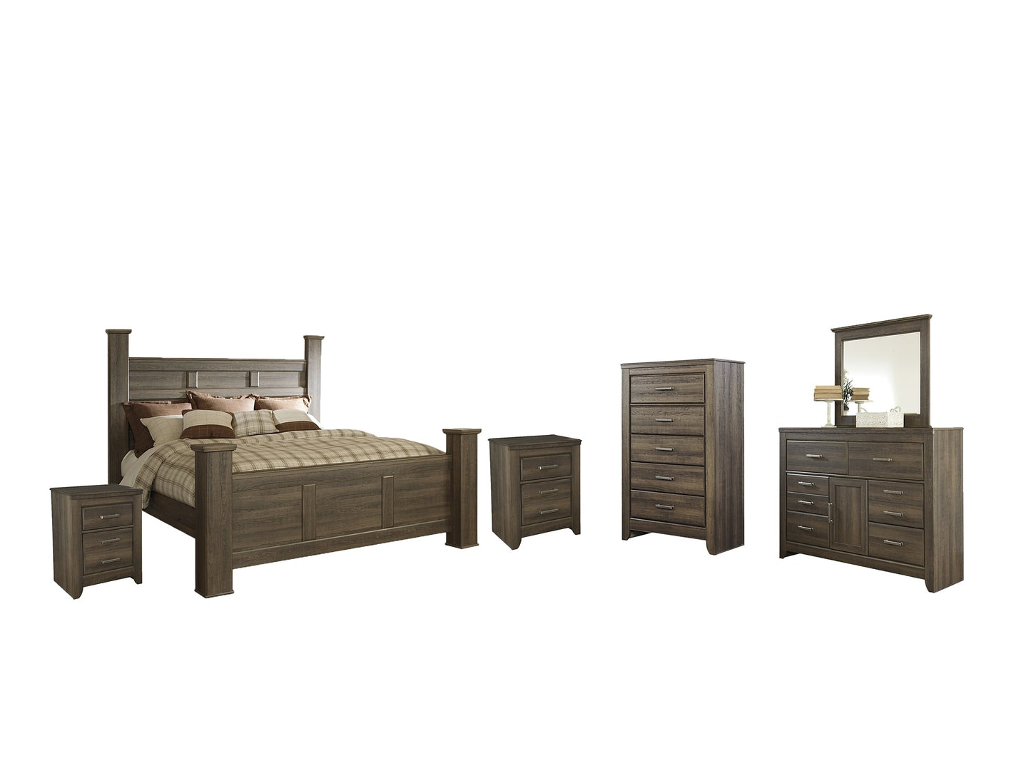 Juararo King Poster Bed with Mirrored Dresser, Chest and 2 Nightstands at Towne & Country Furniture (AL) furniture, home furniture, home decor, sofa, bedding