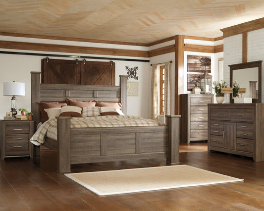 Juararo King Poster Bed with Mirrored Dresser and 2 Nightstands at Towne & Country Furniture (AL) furniture, home furniture, home decor, sofa, bedding