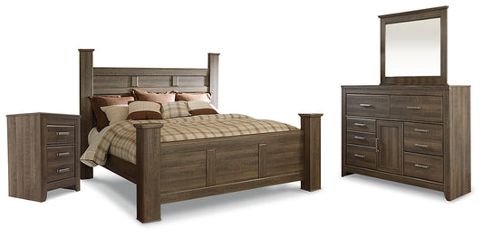 Juararo King Poster Bed with Mirrored Dresser and Nightstand at Towne & Country Furniture (AL) furniture, home furniture, home decor, sofa, bedding
