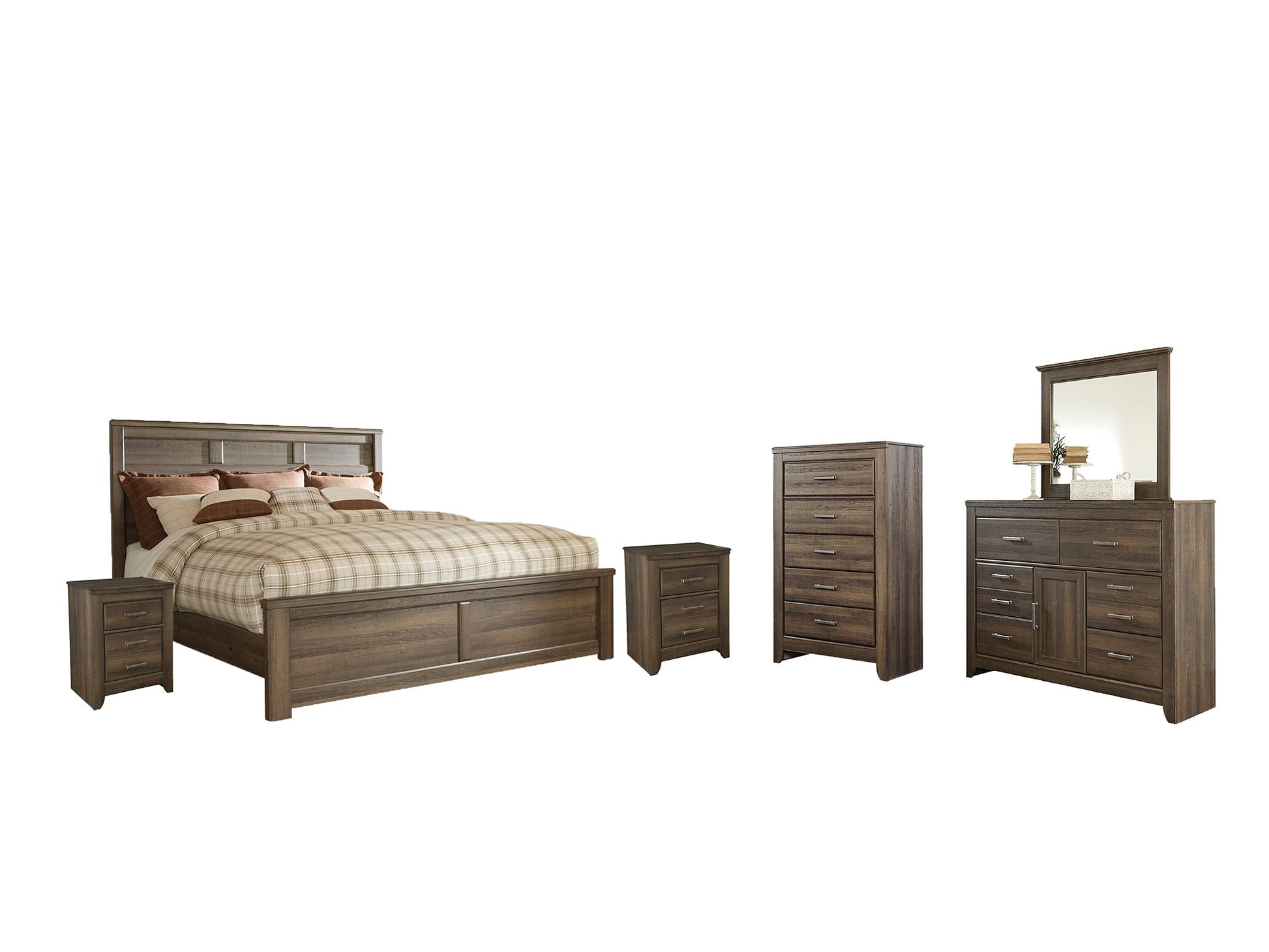 Juararo Queen Panel Bed with Mirrored Dresser, Chest and 2 Nightstands at Towne & Country Furniture (AL) furniture, home furniture, home decor, sofa, bedding