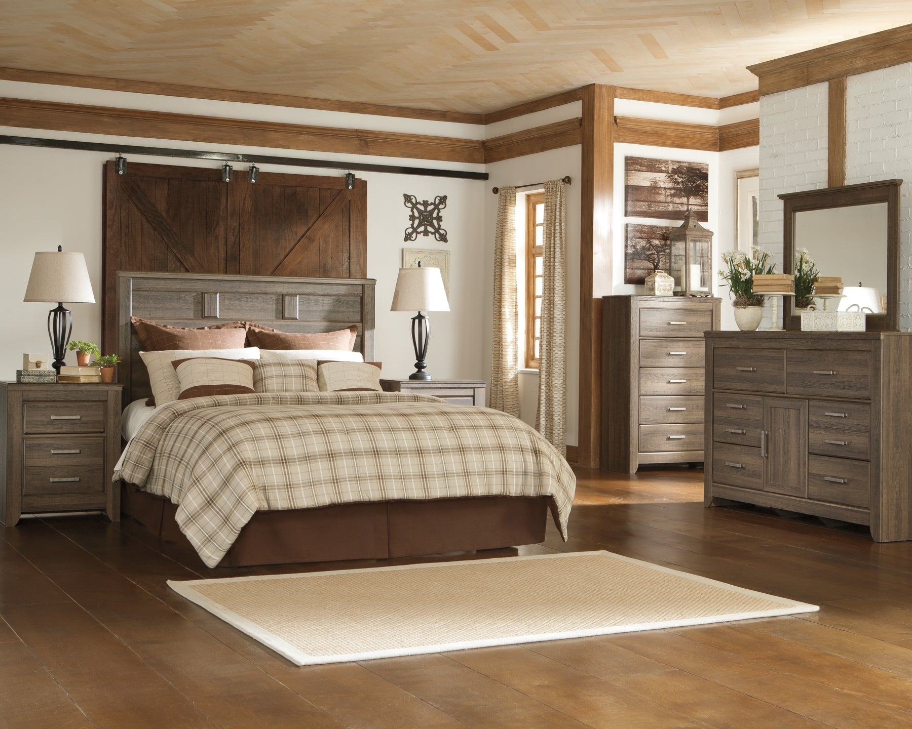 Juararo Queen Panel Headboard with Mirrored Dresser, Chest and Nightstand at Towne & Country Furniture (AL) furniture, home furniture, home decor, sofa, bedding