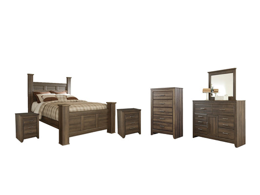 Juararo Queen Poster Bed with Mirrored Dresser, Chest and 2 Nightstands at Towne & Country Furniture (AL) furniture, home furniture, home decor, sofa, bedding