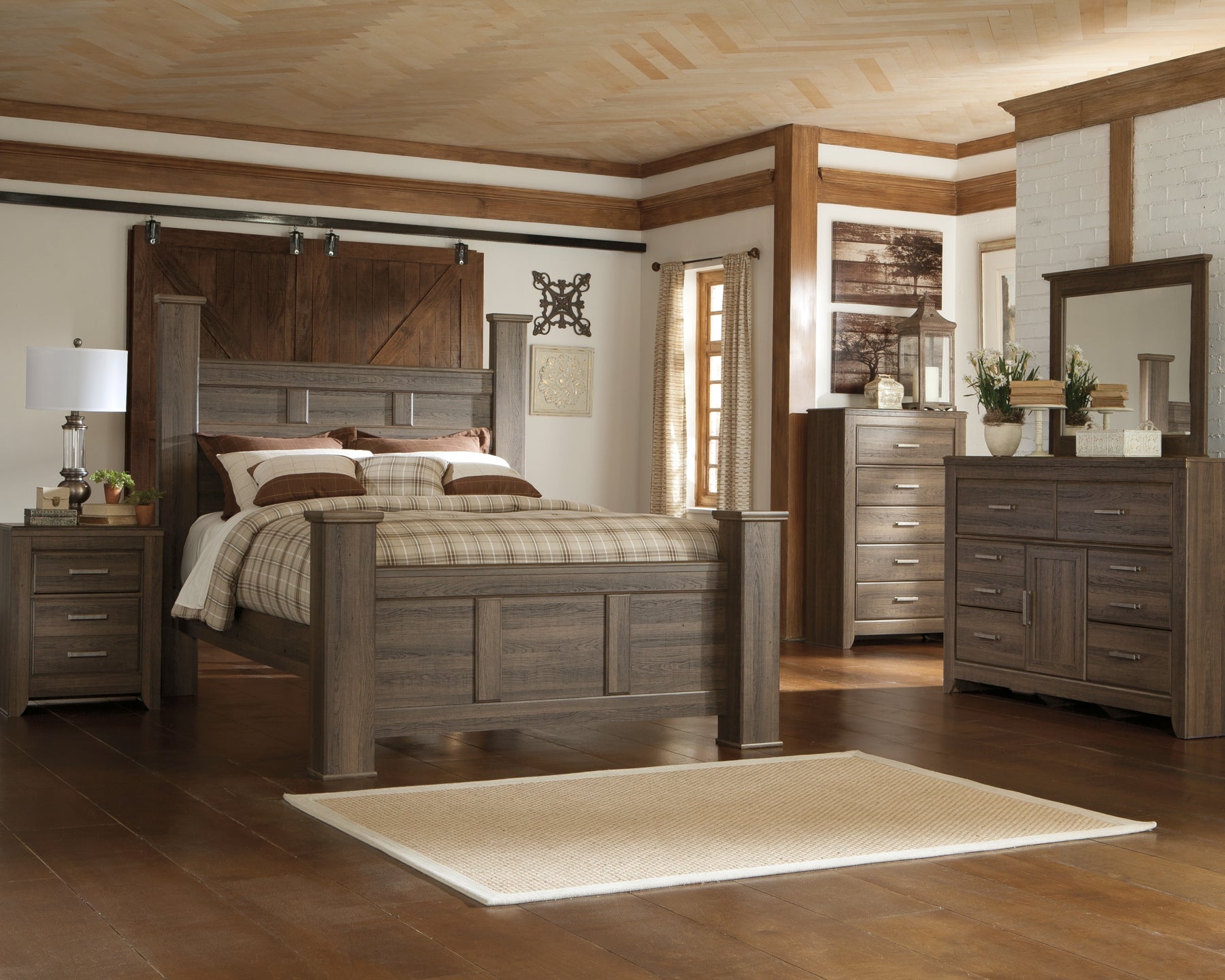 Juararo Queen Poster Bed with Mirrored Dresser, Chest and Nightstand at Towne & Country Furniture (AL) furniture, home furniture, home decor, sofa, bedding