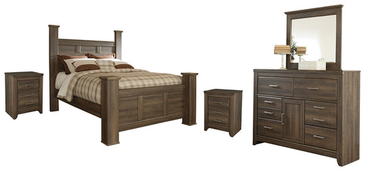 Juararo Queen Poster Bed with Mirrored Dresser and 2 Nightstands at Towne & Country Furniture (AL) furniture, home furniture, home decor, sofa, bedding