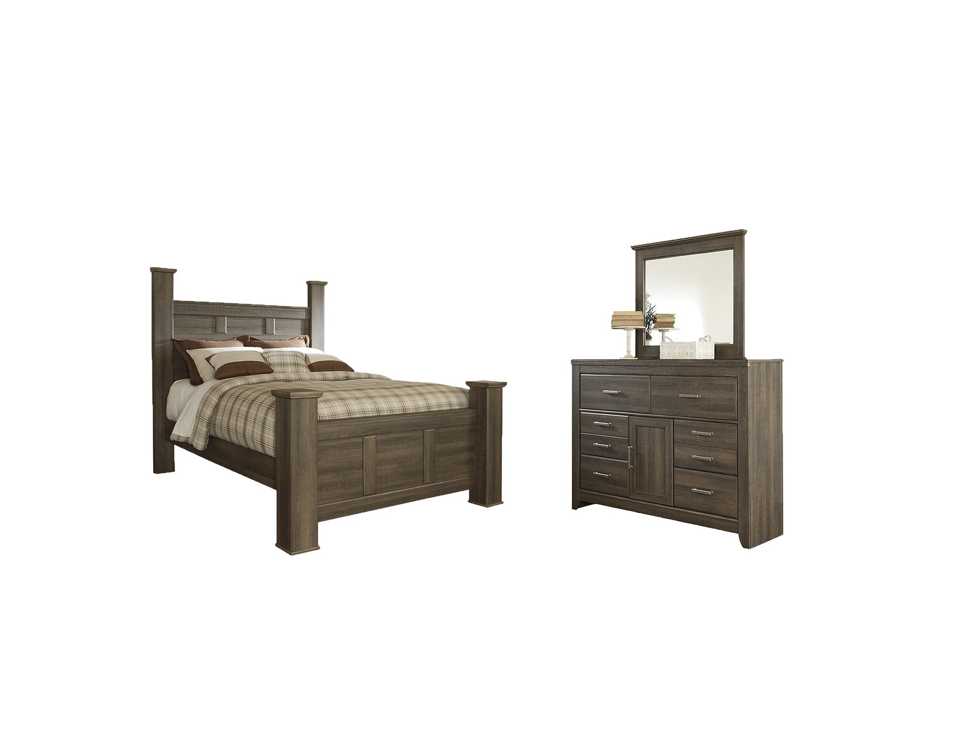 Juararo Queen Poster Bed with Mirrored Dresser at Towne & Country Furniture (AL) furniture, home furniture, home decor, sofa, bedding