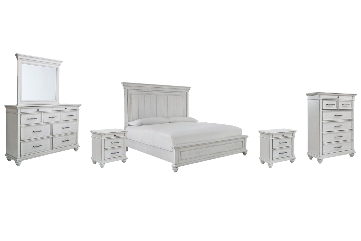 Kanwyn King Panel Bed with Mirrored Dresser, Chest and 2 Nightstands at Towne & Country Furniture (AL) furniture, home furniture, home decor, sofa, bedding
