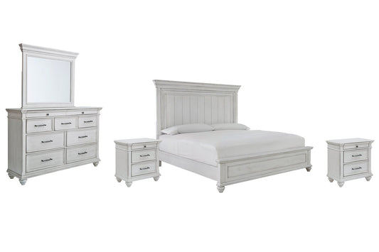 Kanwyn King Panel Bed with Mirrored Dresser and 2 Nightstands at Towne & Country Furniture (AL) furniture, home furniture, home decor, sofa, bedding