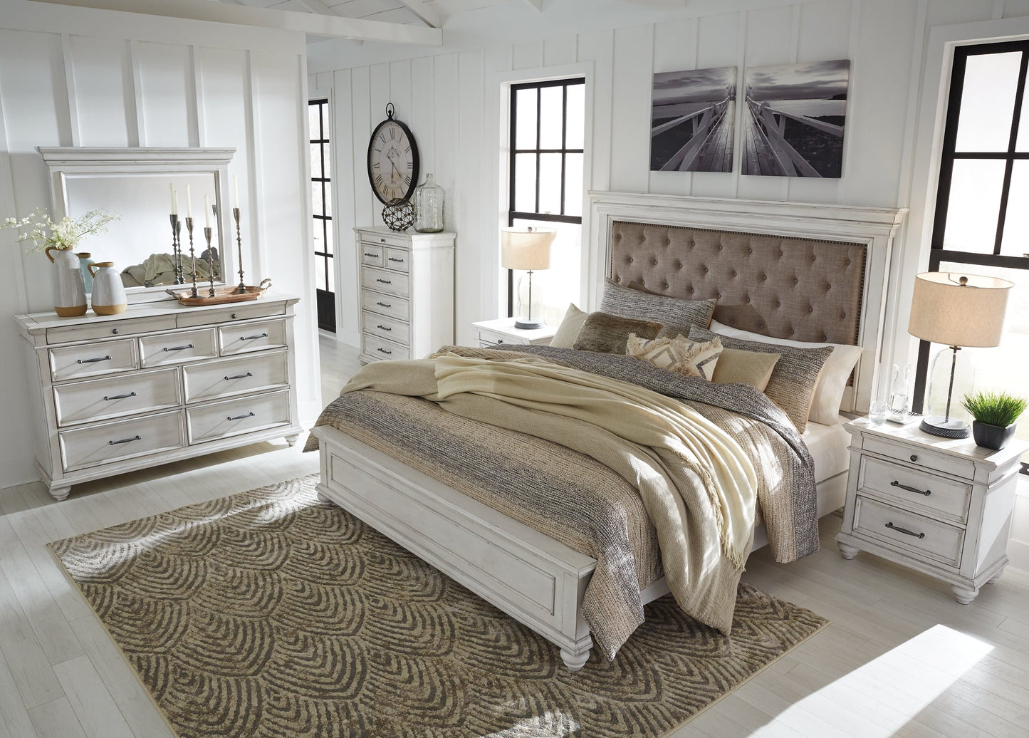 Kanwyn Queen Panel Bed with Mirrored Dresser and 2 Nightstands at Towne & Country Furniture (AL) furniture, home furniture, home decor, sofa, bedding