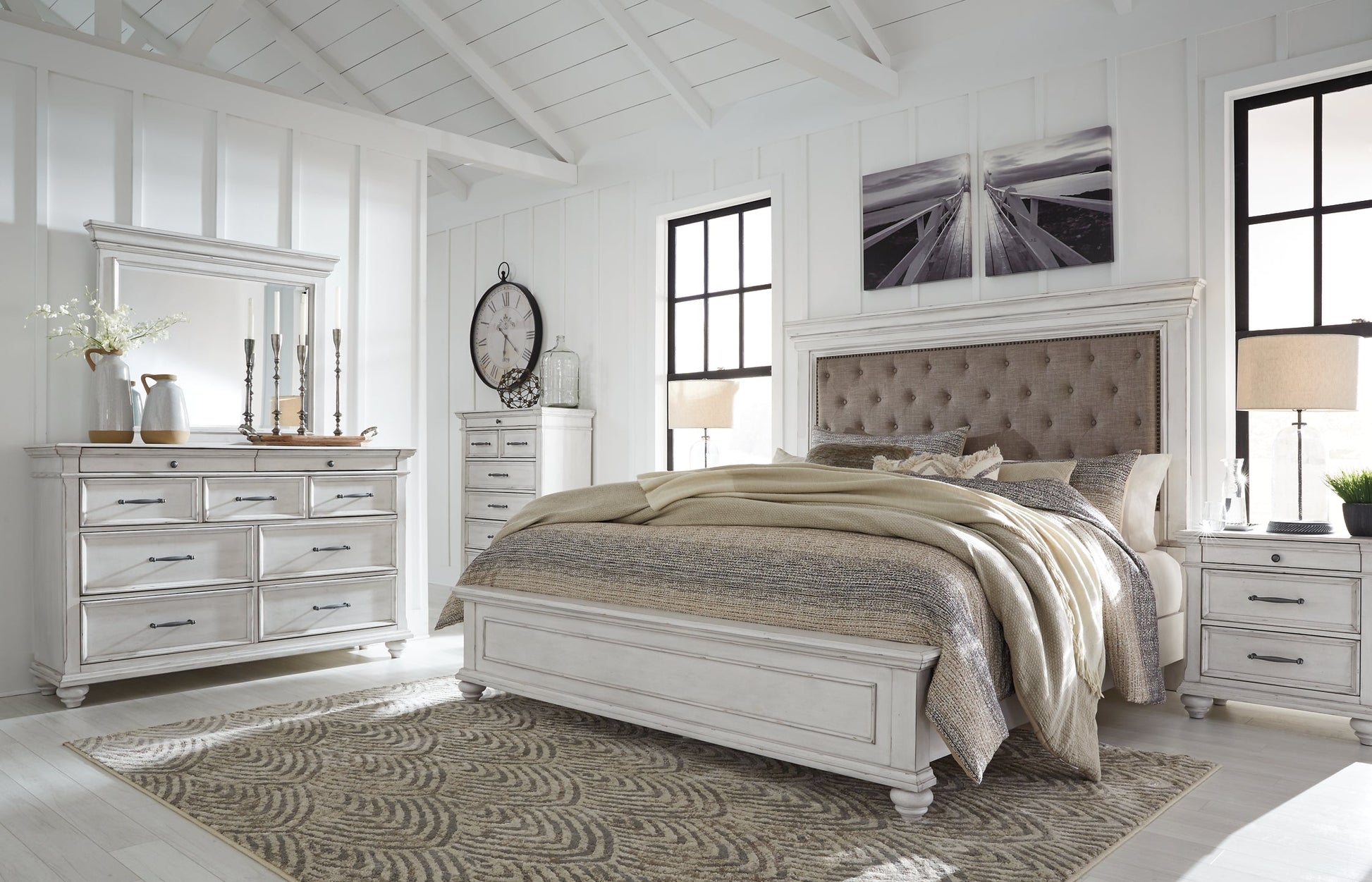 Kanwyn Queen Panel Bed with Mirrored Dresser and 2 Nightstands at Towne & Country Furniture (AL) furniture, home furniture, home decor, sofa, bedding
