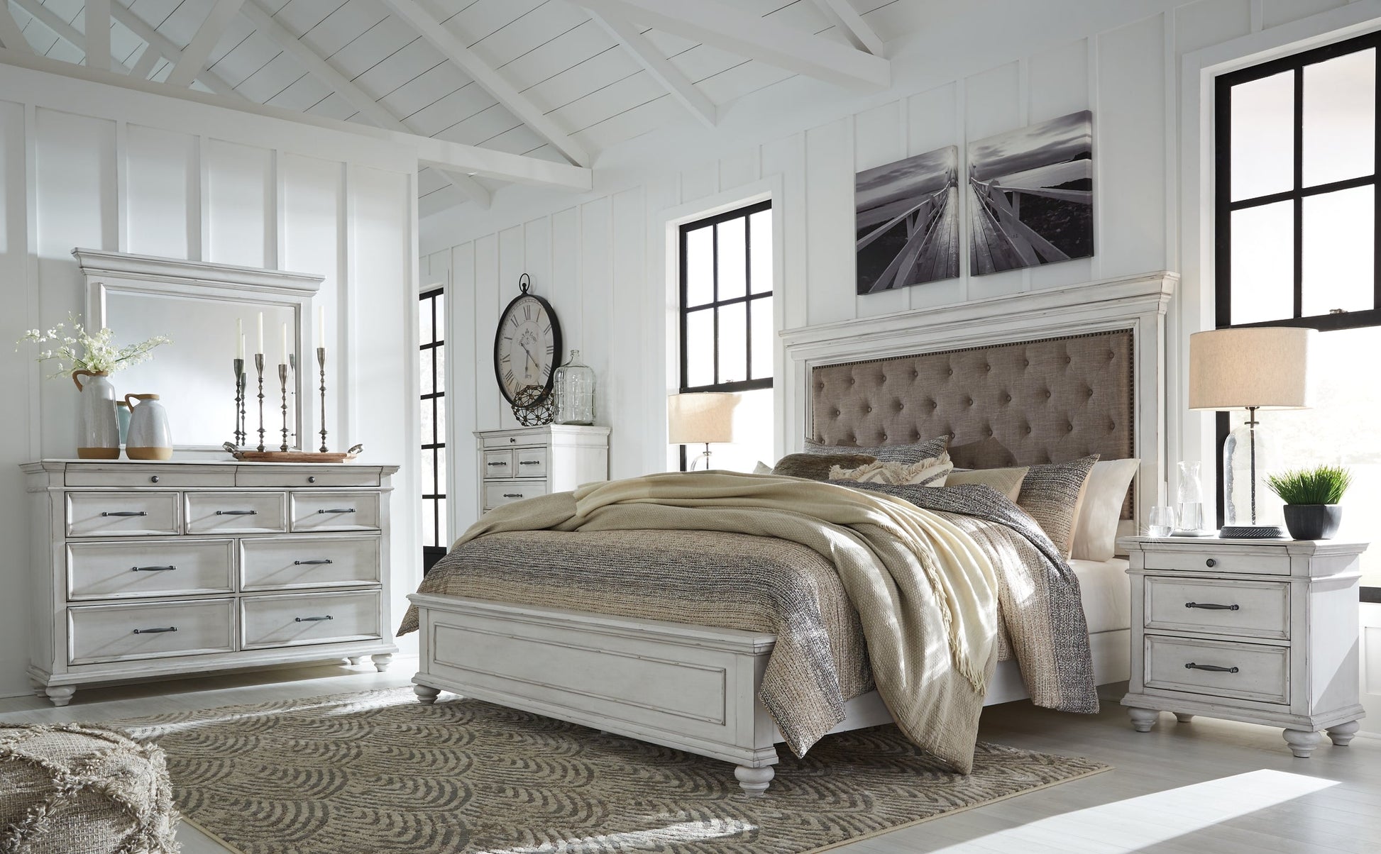 Kanwyn Queen Panel Bed with Mirrored Dresser and Chest at Towne & Country Furniture (AL) furniture, home furniture, home decor, sofa, bedding