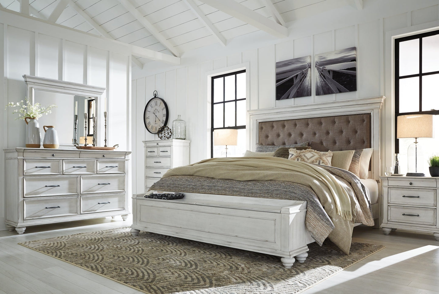 Kanwyn Queen Panel Bed with Storage with Mirrored Dresser and 2 Nightstands at Towne & Country Furniture (AL) furniture, home furniture, home decor, sofa, bedding